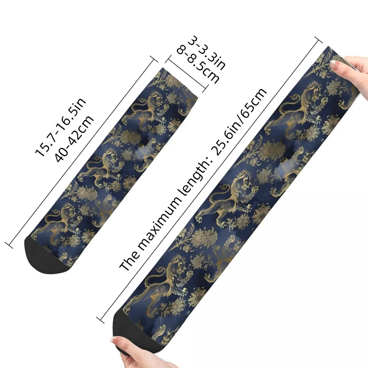 Funny Happy Sock for Men Blue Background Harajuku Golden Lion And Damask Breathable Pattern Printed Crew Sock Novelty Gift