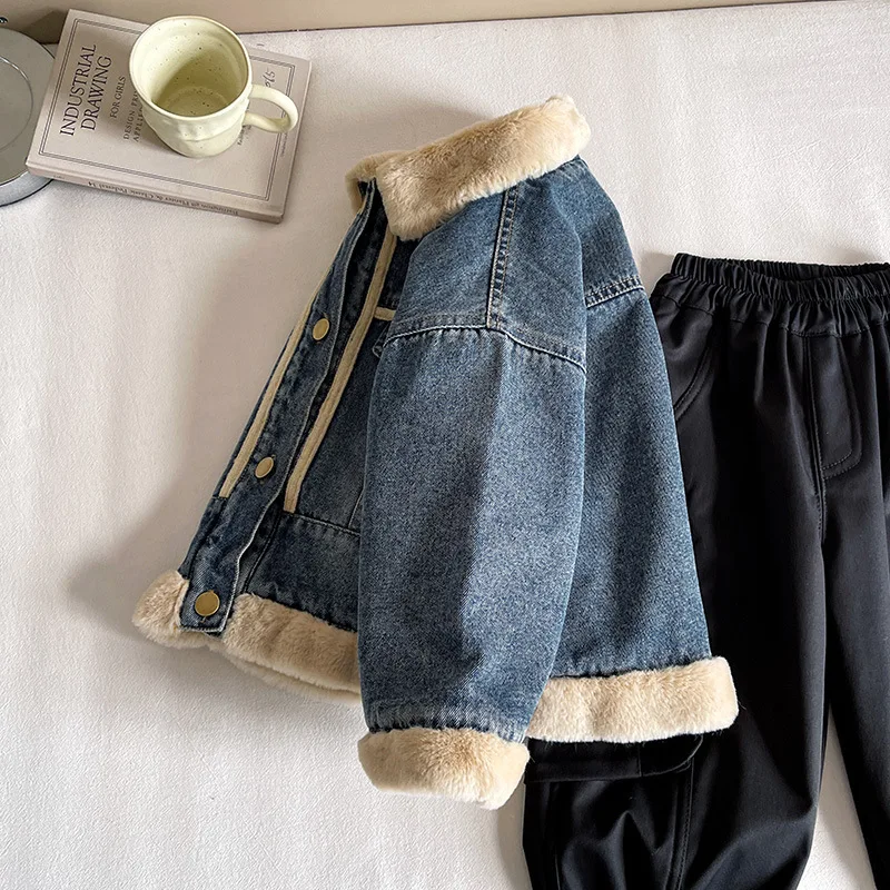 

Kids Clothes Winter Jackets New Korean-style Insulated and Thickened Denim Jackets Winter Boys and Girls Warm Outwear