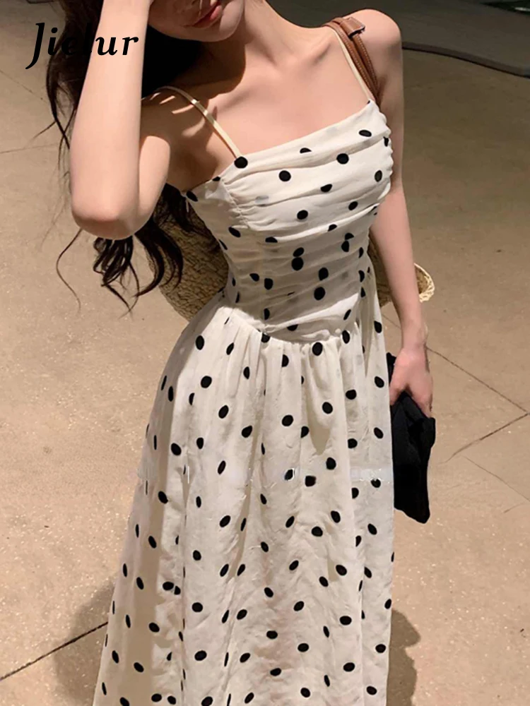 Jielur Summer Elegant Vintage Midi Dress Women Sleeveless Strap Formal Dress Office Lady Casual Outwear Slim Korean Fashion Chic