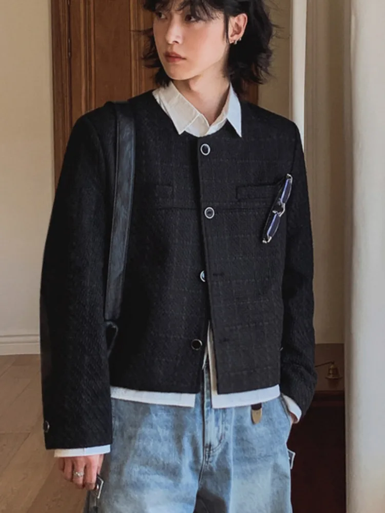 Korean Style Men's Jackets O-neck Solid Color Casual Menswear Autumn Single Breasted All-match Loose Male Coats New NGH6