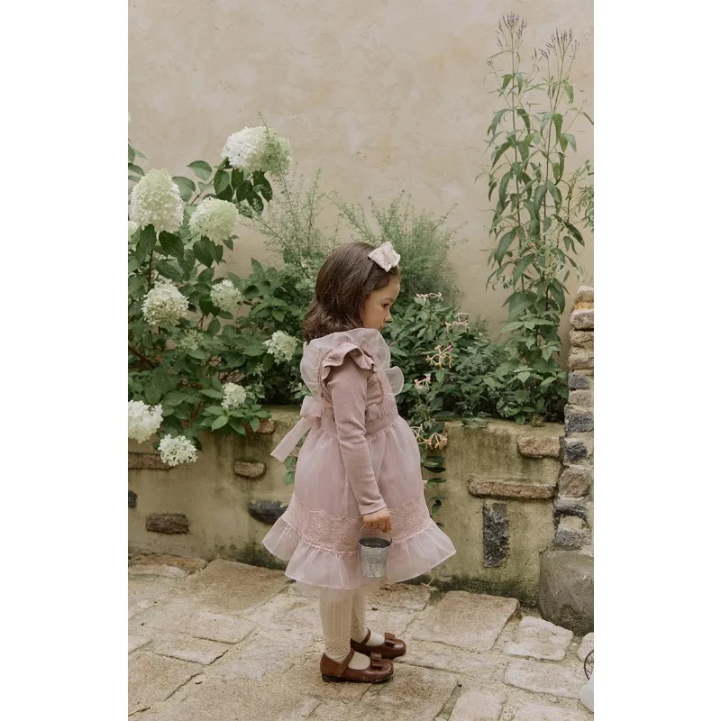 Children Dress 2023 Autumn New Fashionable Korean Style Girls Princess Long Sleeved Solid Color Gauze Sweet Cute Girls Dress