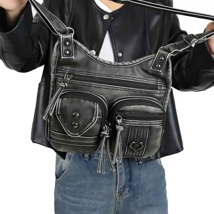 

Горячая девушка уличная ретро сумка на плечо с заклепками женская потертая кожаная сумка через плечо с несколькими молниями женские модные сумки унисекс