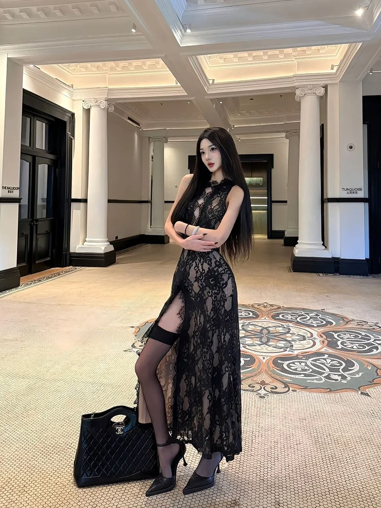 

Sexy Lace Long Dr Women's High Waist Slit Hollow out Summer Dr Ladylike Ele Sle Formal Ocn Suitable