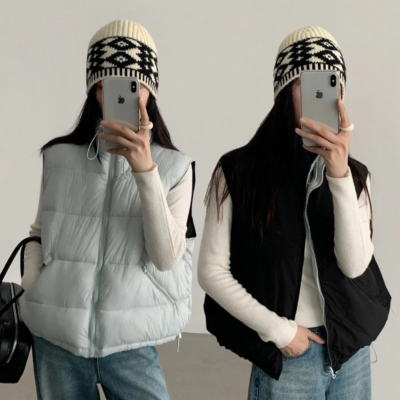 Autumn Winter Women Vest Jackets Stand Collar Loose Puffer Quilted Padded Windproof Pockets Two Way Wear City Casual Outerwear