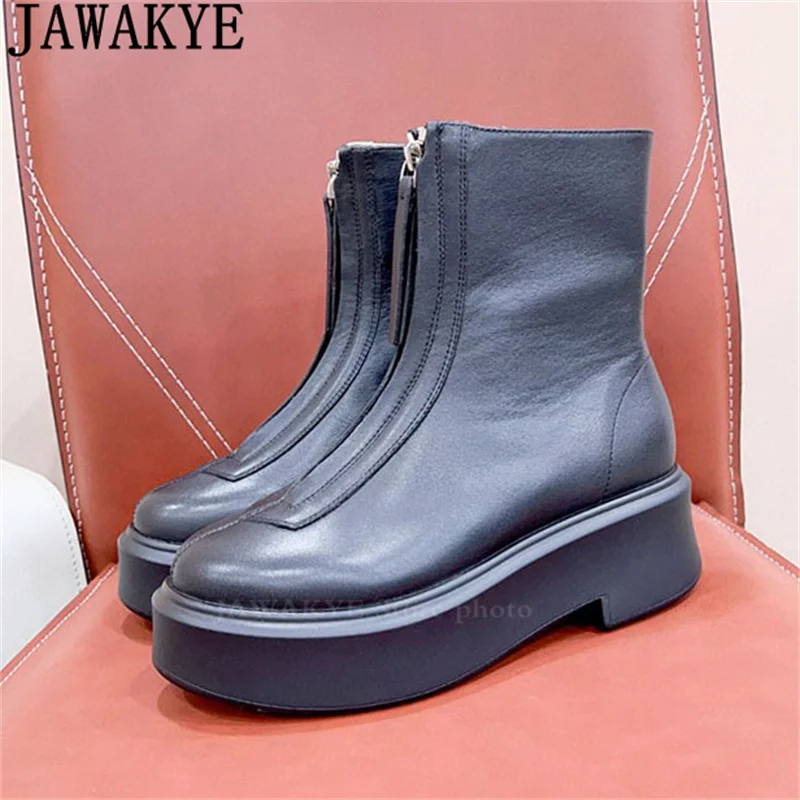 

Real Leather Round toe Thick Sole Ankle Boots Women Front Zipper Designs Chelsea Boots Simple Comfortable Fashion Platform Boots