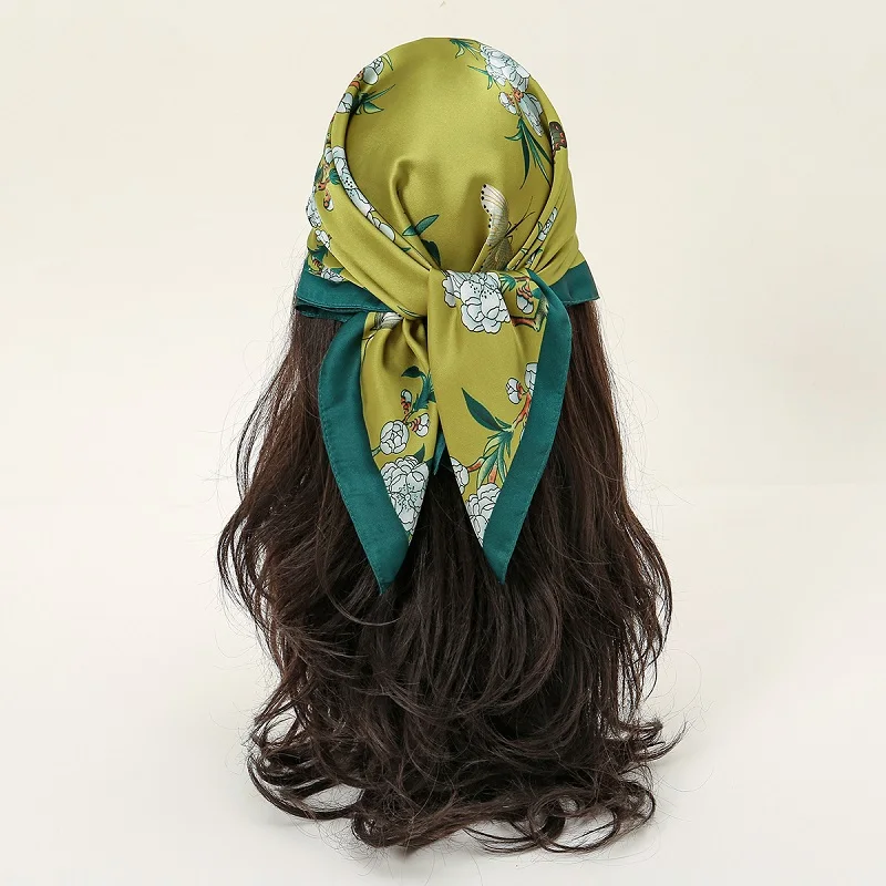 Fashion Silk Square Scarf Stain Green Floral Hijab Headwraps Women Foulard Hair Bandana Foulard Islamic Headband Turban Kerchief