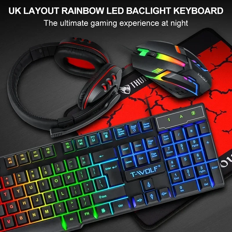 RGB 4 In 1 Gaming Keyboard and Mouse Headset Mouse Pad Keyboard Ergonomic Light Mechanical Feel Keyboard and Mouse Combo