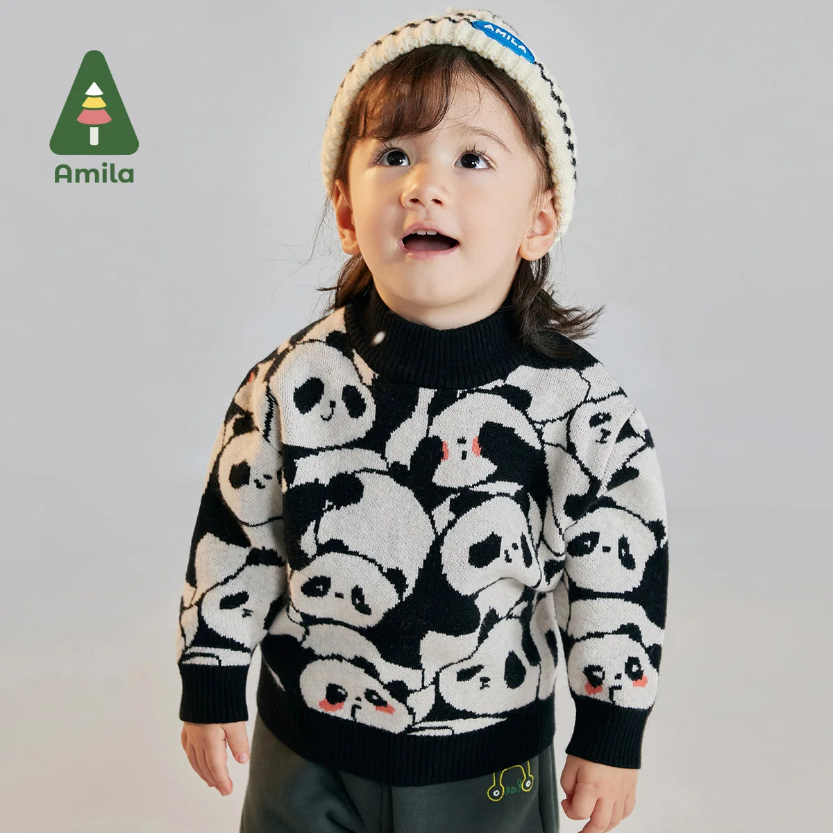 

Amila Baby Children Sweaters 2024 Winter New Multicolour Mock turtleneck Soft Cartoon Pattern Panda Pattern Cute Baby Clothing