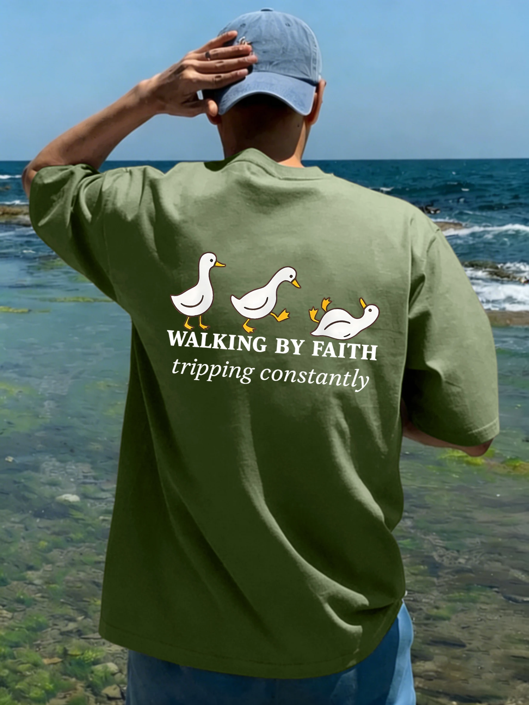 Walking By Faith Tripping Constantly Print Mens Summer Cotton Tee Loose Simple Tops Breathable Cool Short Sleeve O-Neck Clothing