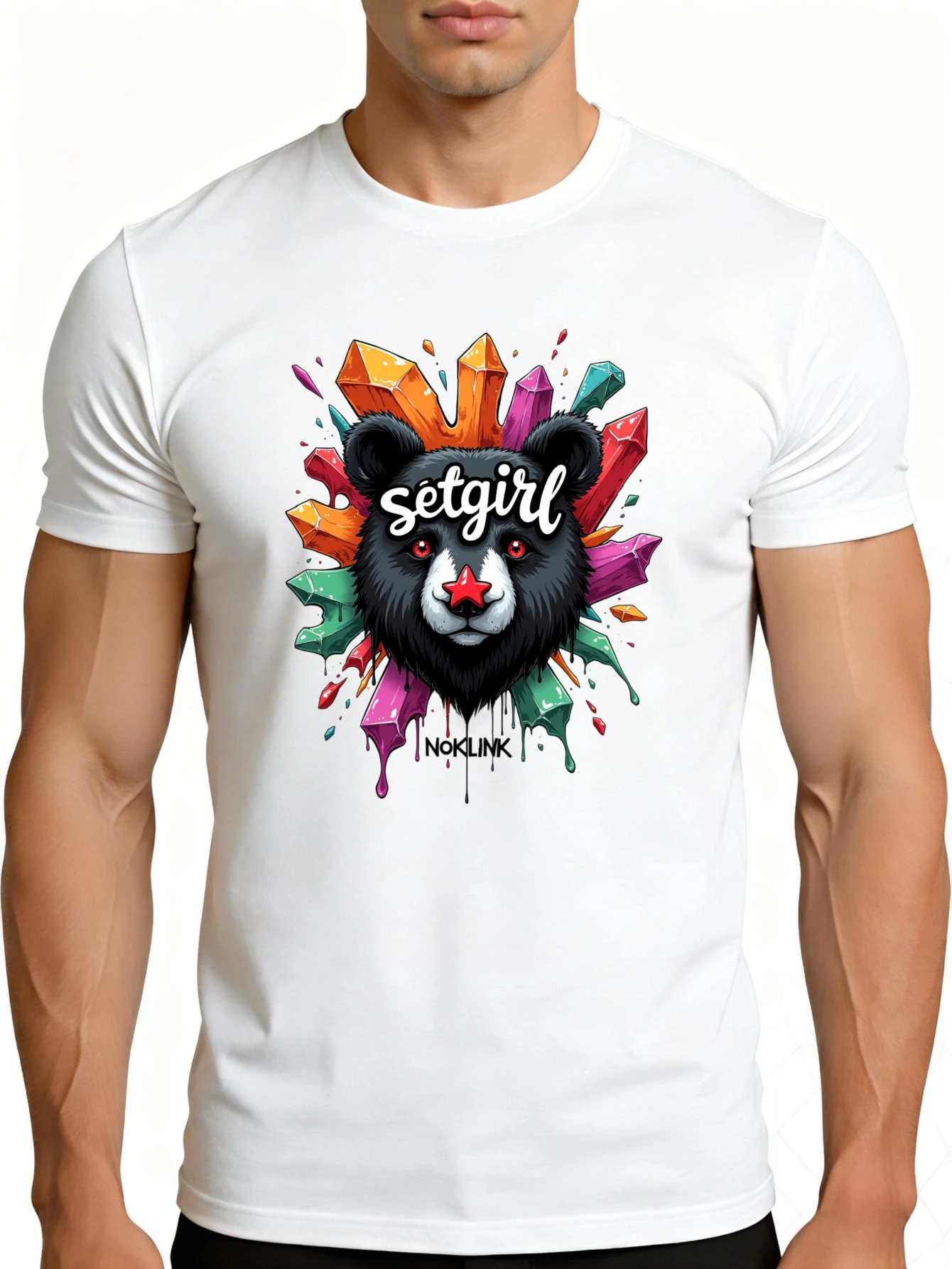 Men's Graphic T-Shirt - Breathable, Soft, Lightweight - Bear Head with Colorful Crystals - Vintage Fun Pattern Casual Short Sleeve Summer Top, Great Gift for Him