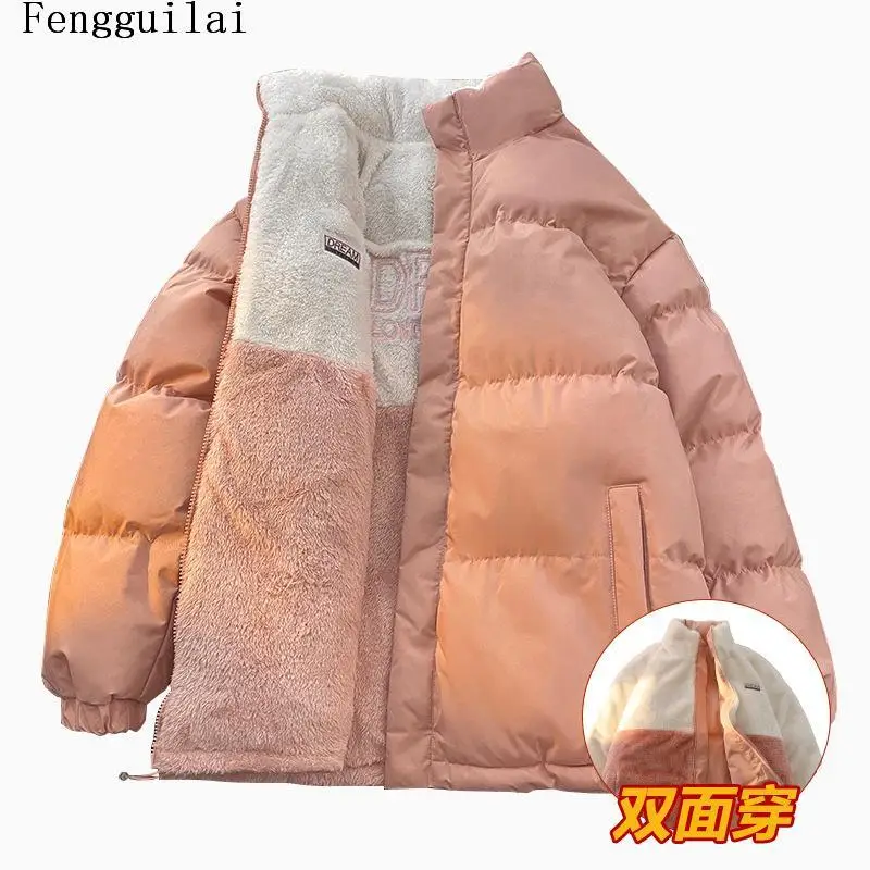 Men Reversible Puffer Jacket Stand Collar Fleece Lined Warm Two Sides Wear Winter Thick Loose Parka Streetwear Coat