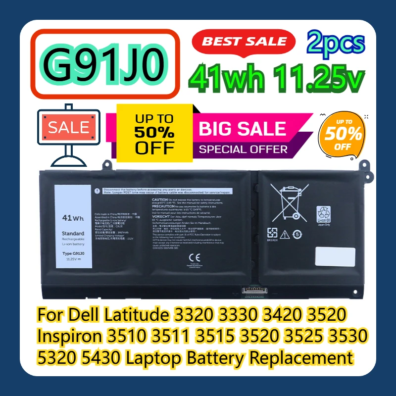 

For Dell Latitude 3320 3330 3420 3520 Inspiron 3510 3511 3515 3520 3525 3530 5320 5430 G91J0 Laptop Battery Replacement 2pcs