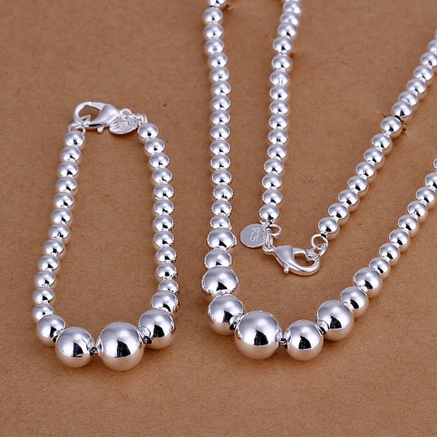 925 sterling Silver high quality women lady wedding classic bead necklace bracelet fashion charm Jewelry Set