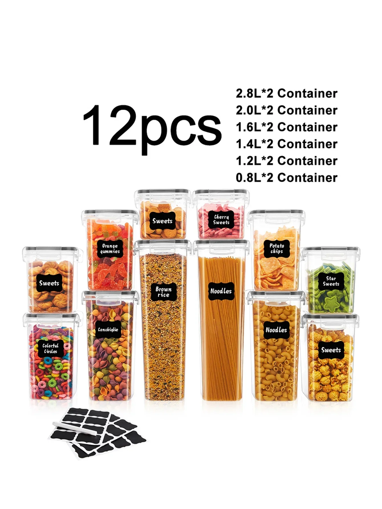 12 قطعة من حاويات تخزين الطعام المحكمة الغلق، حاويات معكرونة سباغيتي بلاستيكية مع أغطية سهلة القفل، لتنظيم مخزن المطبخ