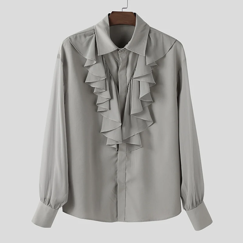 

INCERUN Men Shirt Solid Color Ruffle Lapel Long Sleeve Casual Men Clothing Loose Elegant Streetwear 2025 Fashion Male Shirts