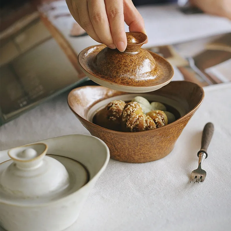 Vintage Ceramic Bowl with Lid,Porcelain Steaming Bowl for Pudding Egg Custard,Microwave Safe Soup Container, Kitchen Dining Gift