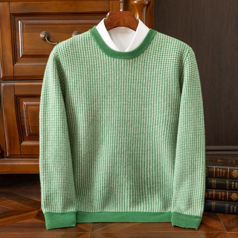 Autumn And Winter New Round Neck Thick 100% Pure Wool Men's High-End Houndstooth Sweater Knitted Pullover