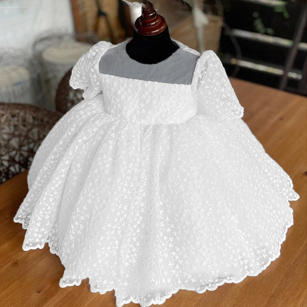 White Baptism Baby Girls Dress Toddler Embroidery 1 Yrs Birthday Party Princess Dresses for Kids Short Sleeves Wedding Prom Gown