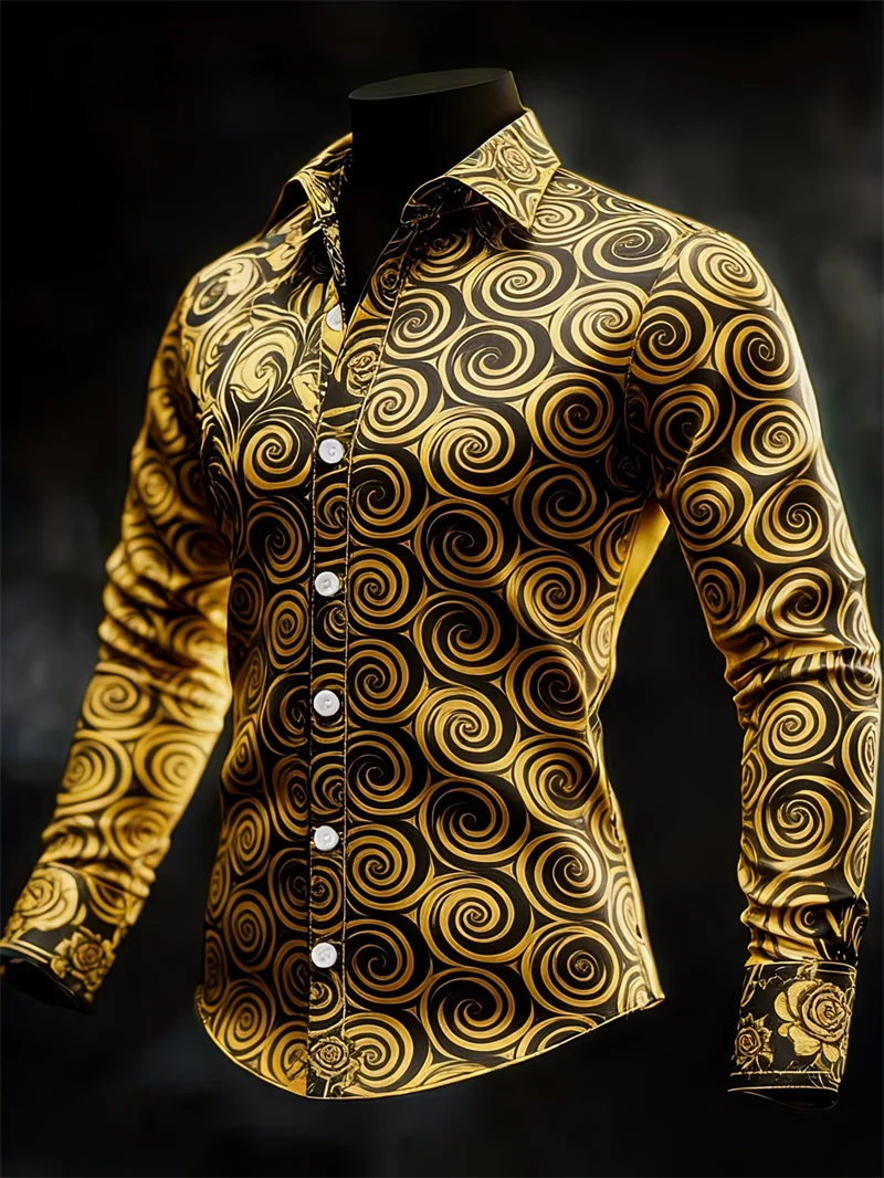 New Light Luxury Green Red Gradient Rhododendron Flower Printed Men's Long Sleeve Shirt Flip Collar Casual Shirt