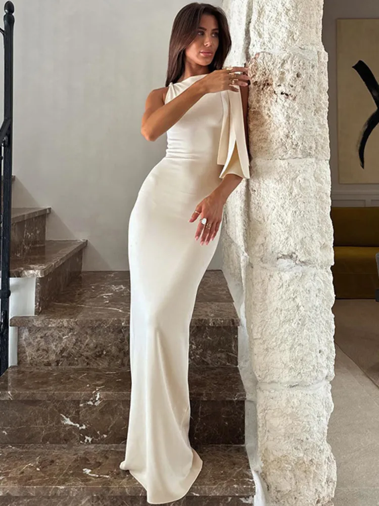 Mozision Diagonal Collar Sleeveless Sexy Maxi Dress For Women Fashion Off-shoulder Sleeveless Bodycon Long Dress Elegant