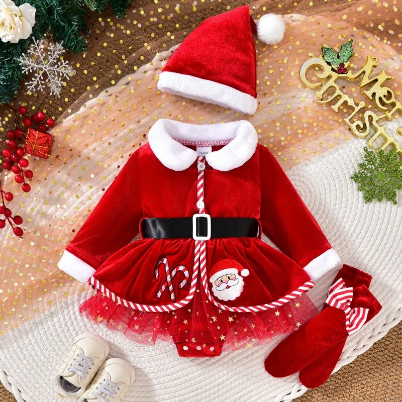 Baby Girl Christmas Santa Romper Dress Hat Set Red Velvet Candy Cane Tulle Newborn Infant Toddler Holiday Costume Outfit Clothes