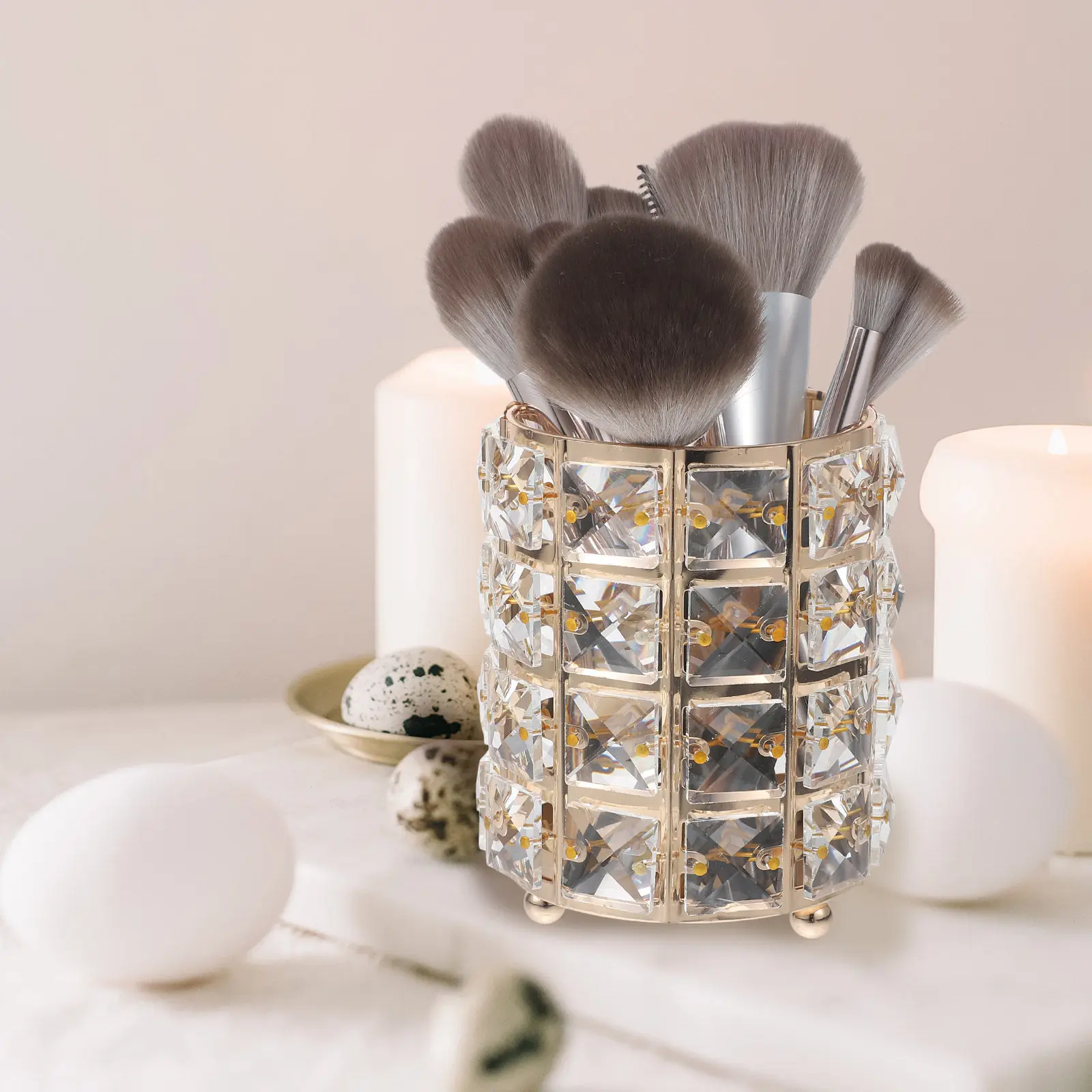 1Pcs Crystal Makeup Brush Holder Pen Storage Container Golden Desktop Organizer Stylish Desktop Container for Office Home