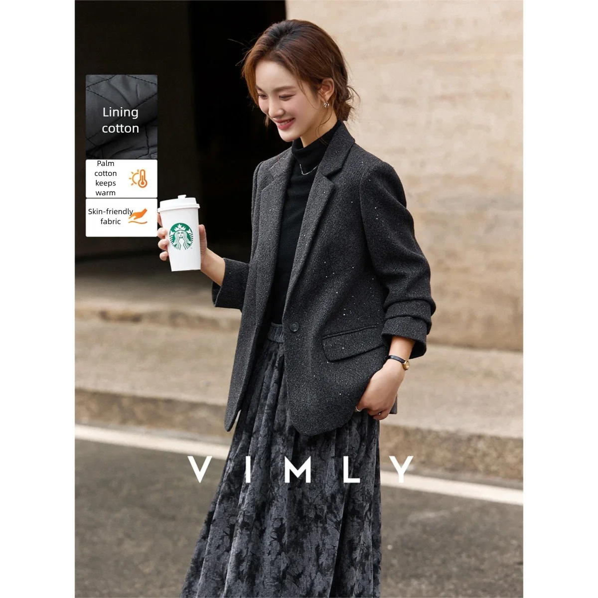 

VIMLY Simple Women's Blazer 2025 Elegant Quilted Thickened Female Jacket Single Button Pocket Long Sleeve Winter Coat A2865