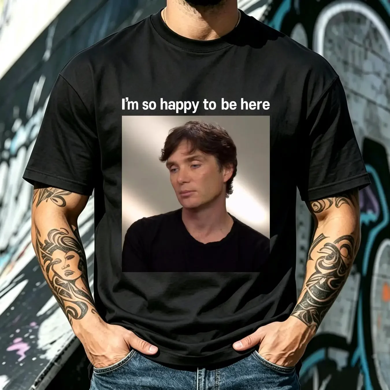 washed T Shirt I'm So Happy To Be Here Cillian Murphy Disappointed Meme long sleeves vintage Washed Slightly Versatile homme