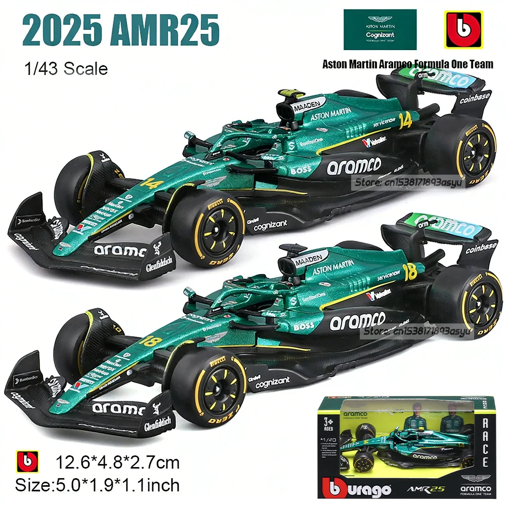 ブラーゴ-1-43-最新2025年f1-アストンマーティン-amr25-14-フェルナンド・アロンソ-18-ランス・ストロール-合金ダイキャスト玩具コレクタブルカーモデル
