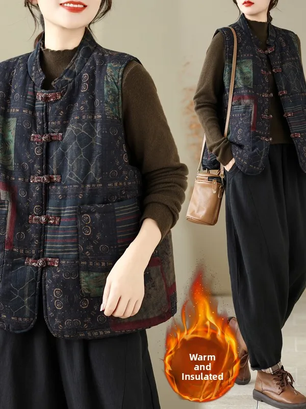 Authentic Chinese Style Cotton Linen Printed Button Vest Artistic Retro Jacket Women's Outerwear Thickened Winter Warm Vest