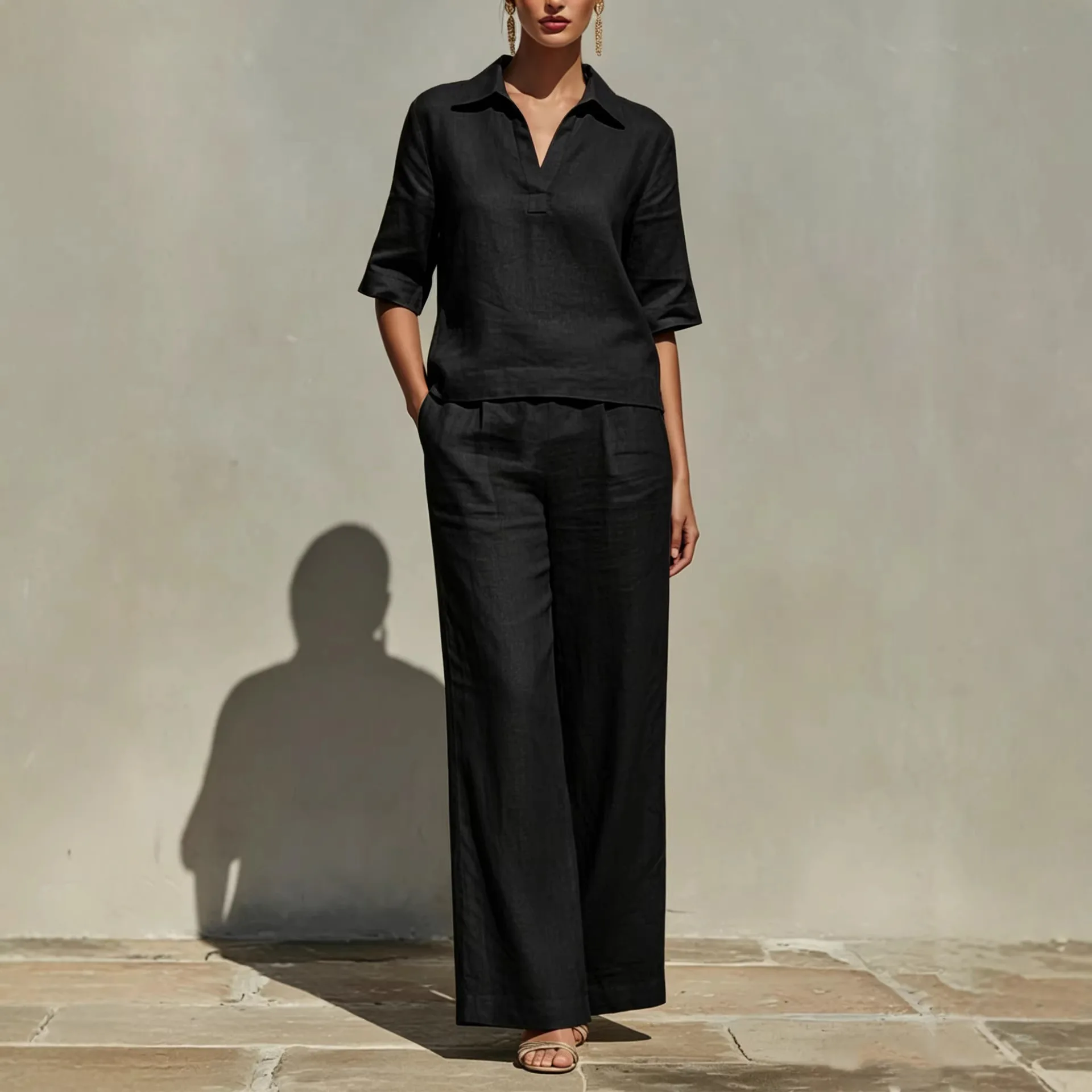 2026 V-neck Short-sleeve High-waisted Wide-leg Pants Classic Minimalist Resort Style Women's Set for Travel Outfit Women's Cloth