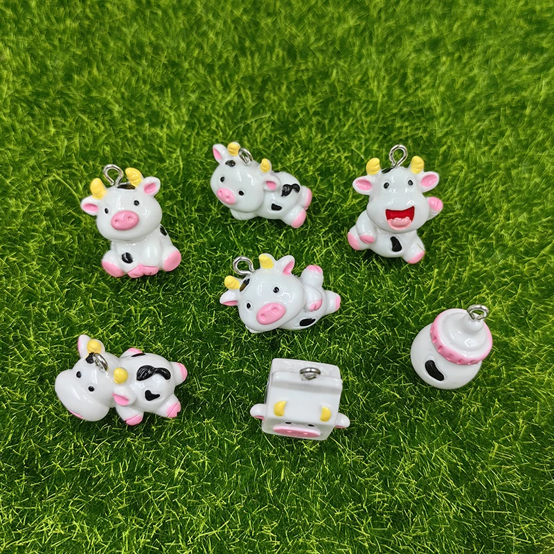 10pcs Kawaii Animals Cow Pink Bottle Charms Cute Resin Milk Box Pendant Flatback Keychain DIY Jewelry Making Findings C1557