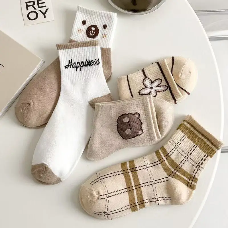 5 Pairs Cute Little Bear Print Socks Comfy Funny Mid Calf Crew Mid Tube All Match Womens Daily Casual Street Fashion Soft Socks