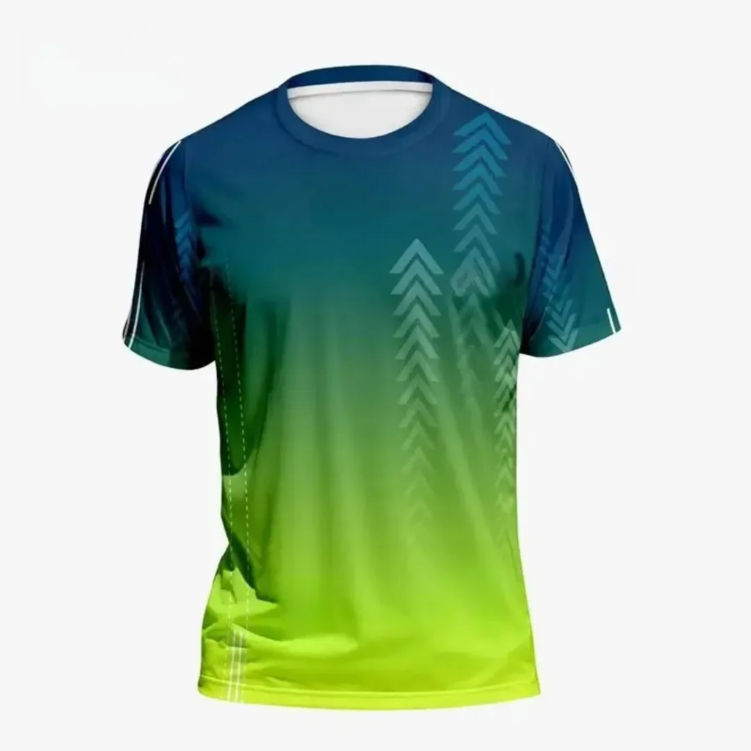 Hot selling men's summer badminton training gradient print comfortable and breathable round neck T-shirt outdoor sports top