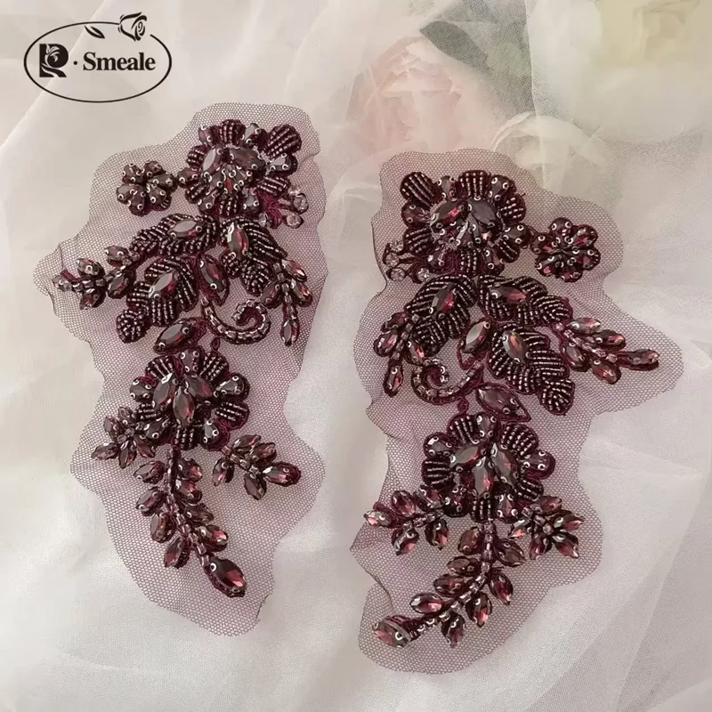 1 Paar handgenähte Glasbohrer-Spiegelblumen, funkelnde Strass-Blumen, Mäntel, Bündchen, Schultern, Hochzeitskleid, DIY-Patch RS4208