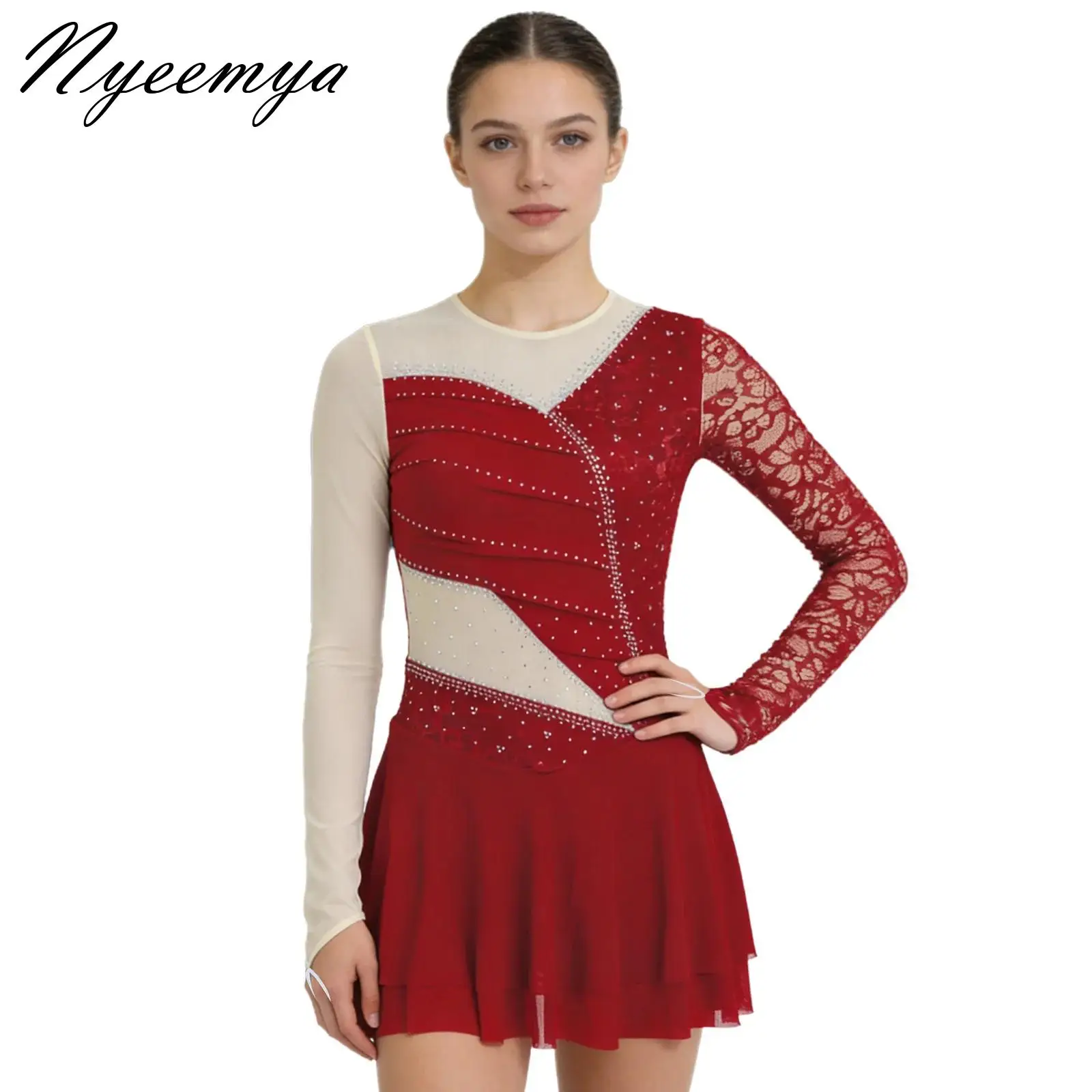

Floral Lace Sleeve Lyrical Dance Dress Women Adults Skirt Tutu Gymnastics Leotard Costume Practice Performance Dance Jersey