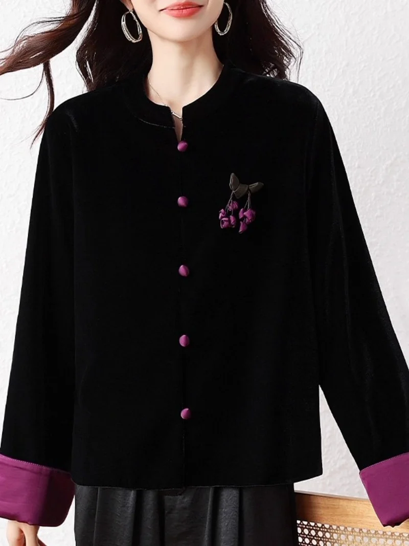 سترة على الطراز الصيني لعام 2025 للنساء، سترة خريفية أنيقة، معطف ربيعي مخملي فضفاض، قمة الموضة الوطنية متوسطة الطول W1764