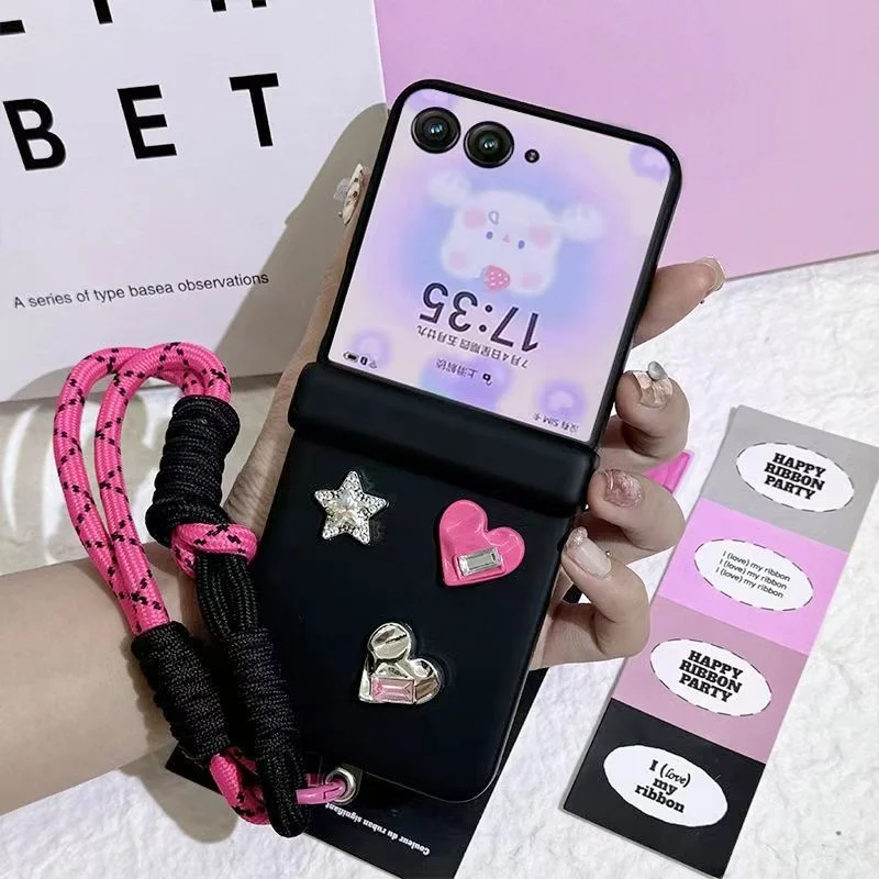 

Fashion Bling Stars Rhinestone Phone Case For Motorola RAZR 60 50 40 Ultra Razr + 2024 2023 Rose Portable Wrist Bracelet Cover
