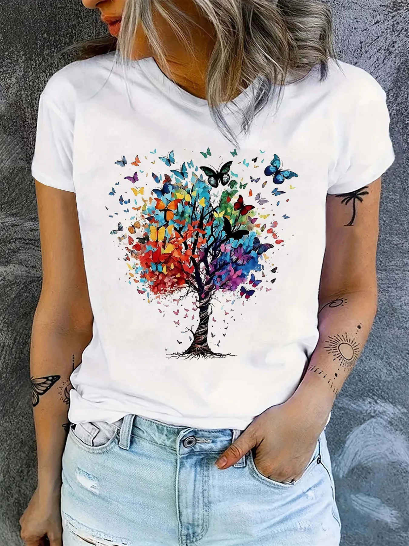 

Women's fashion casual loose butterfly tree pattern printed round neck short sleeved comfortable T-shirt top