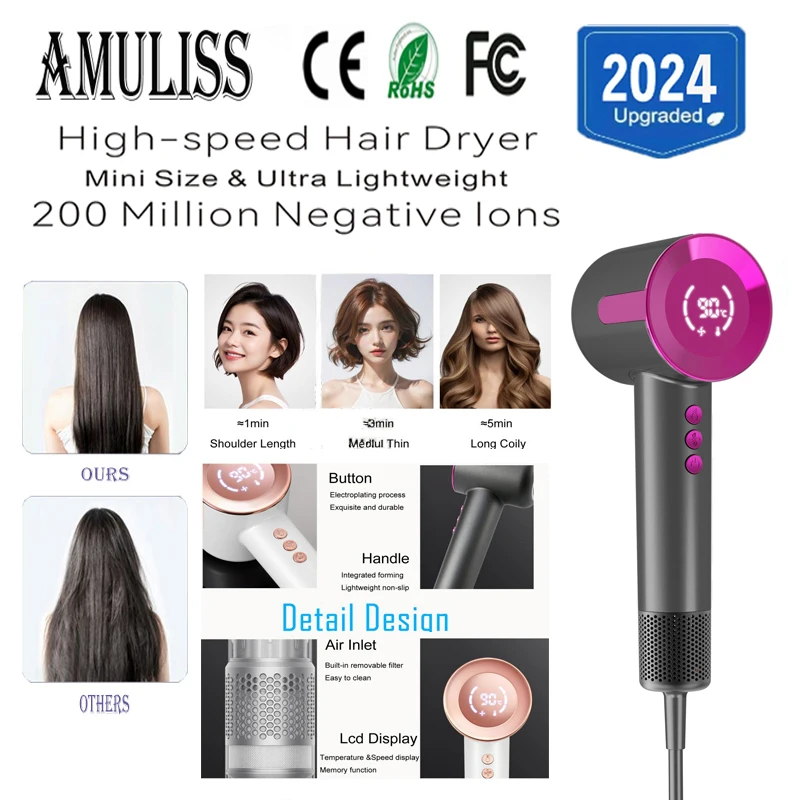 Amuliss 2024 Ionic Hair Dryer High Speed Blow Drier 110000rpm Hairdryer Negative Ion Hair Care Styler Professional Blow Dryer