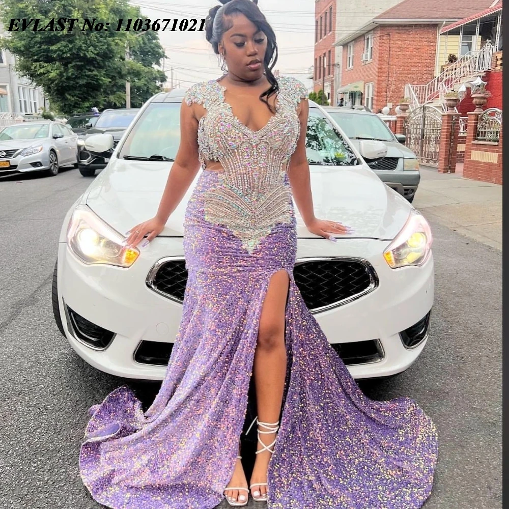 EVLAST Sexy Lavender Sequins Mermaid Prom Dress For Black Girls Rhinestone Beaded High Slit Party Gala Gown Robes De Soiree P18