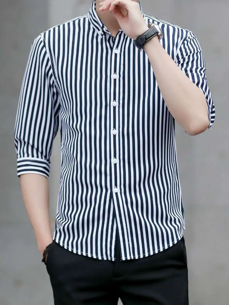 

Korean Sle Men's Stripe irt Haome Sve Summer Thin Casual Busin irt ort Sve Loose Fit Spring Tour