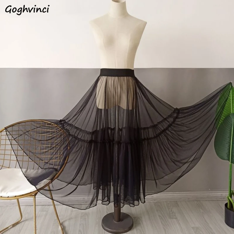 Spódnice damskie solidne siatkowy Design, przeświające się, dopasowane z wysokim stanem modne Ins Big-swing popularne fałdy letnie Harajuku luźne seksowne