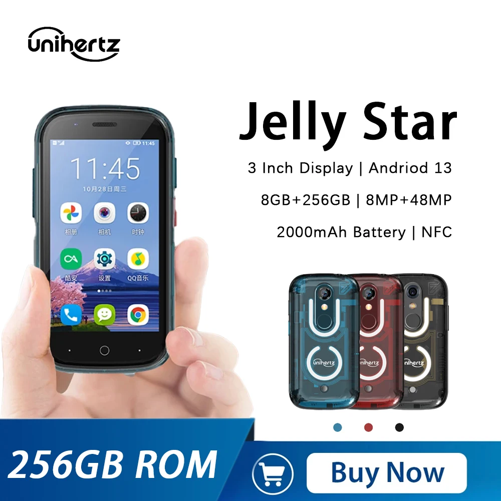 Unihertz Jelly Star Mini Smartphone, Android 13, 8 Go, 256 Go, lumière LED, débloqué, coque arrière transparente, 48MP, 3 pouces, petit téléphone portable