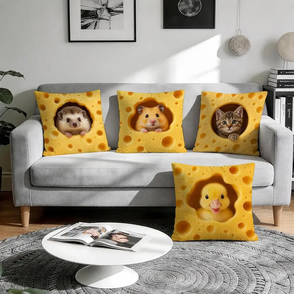 Cute Cheese Animals Cushion Cover Natural Breathable Durable Linen Printed Decor Pillow Case Sofa Bedroom