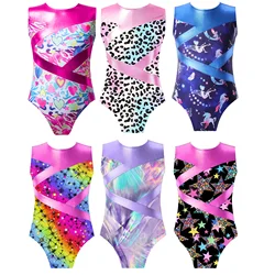 Kids Girls Printed Metallic Gymnastic Leotard Round Neck Sleeveless Patchwork Hollow Out Bodysuit for Dancing Swimming wear