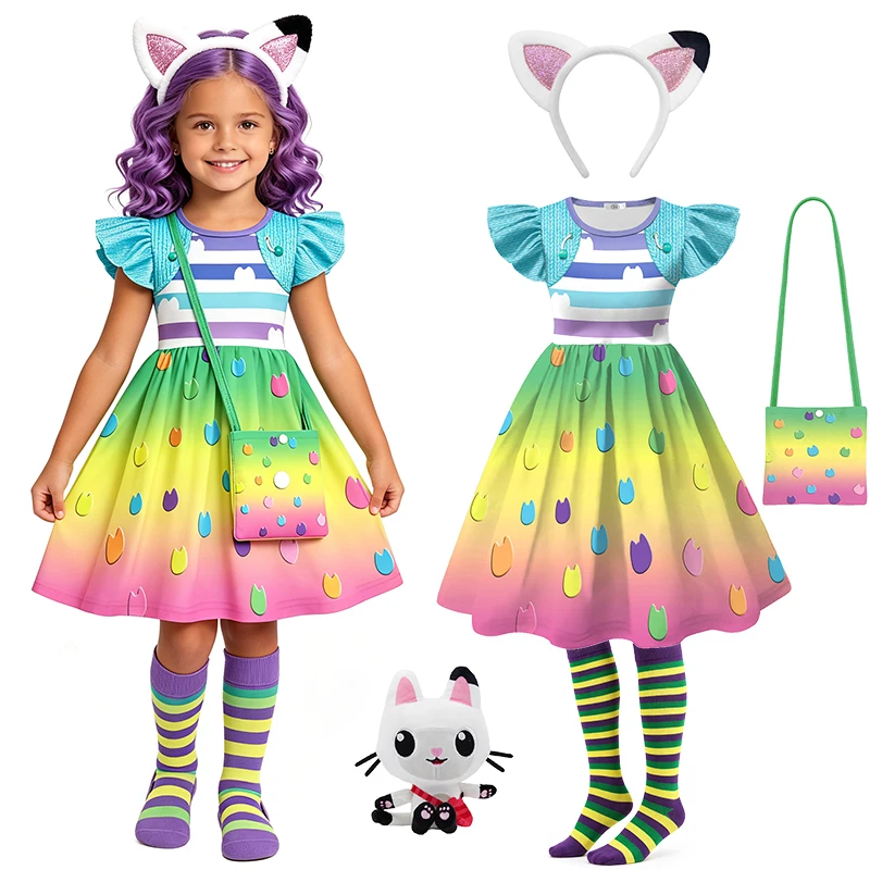 Rainbow Striped Gabby Cat Cartoon Kids Clothes Halloween Cosplay Birthday Party Girls Dress Carnival Christmas Children Costume