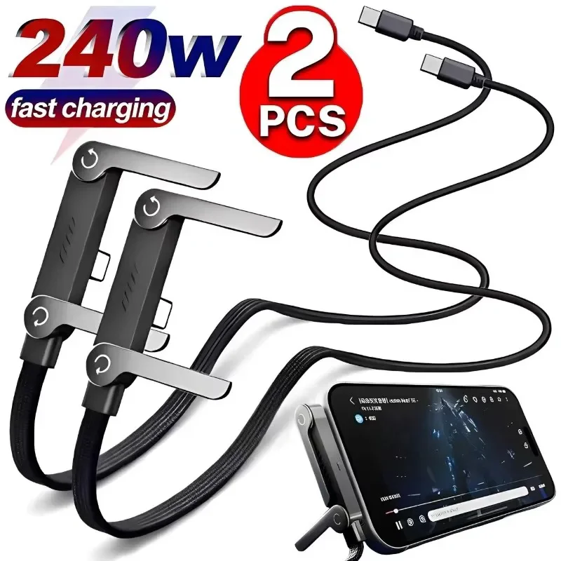 2-in-1 65W/240W Kabel Hochgeschwindigkeits-Schnellladekabel USB Typ-C Kabel mit Klappbarem Telefonständer für iPhone 17 Samsung Xiaomi 2 Stück