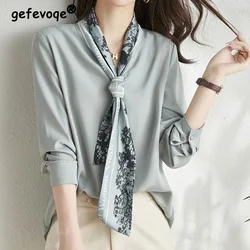 French Style High-end Ribbon Shirt Fashion Office Lady Women's Clothing V-Neck Blue Green Loose-fitting Long Sleeve Shirt