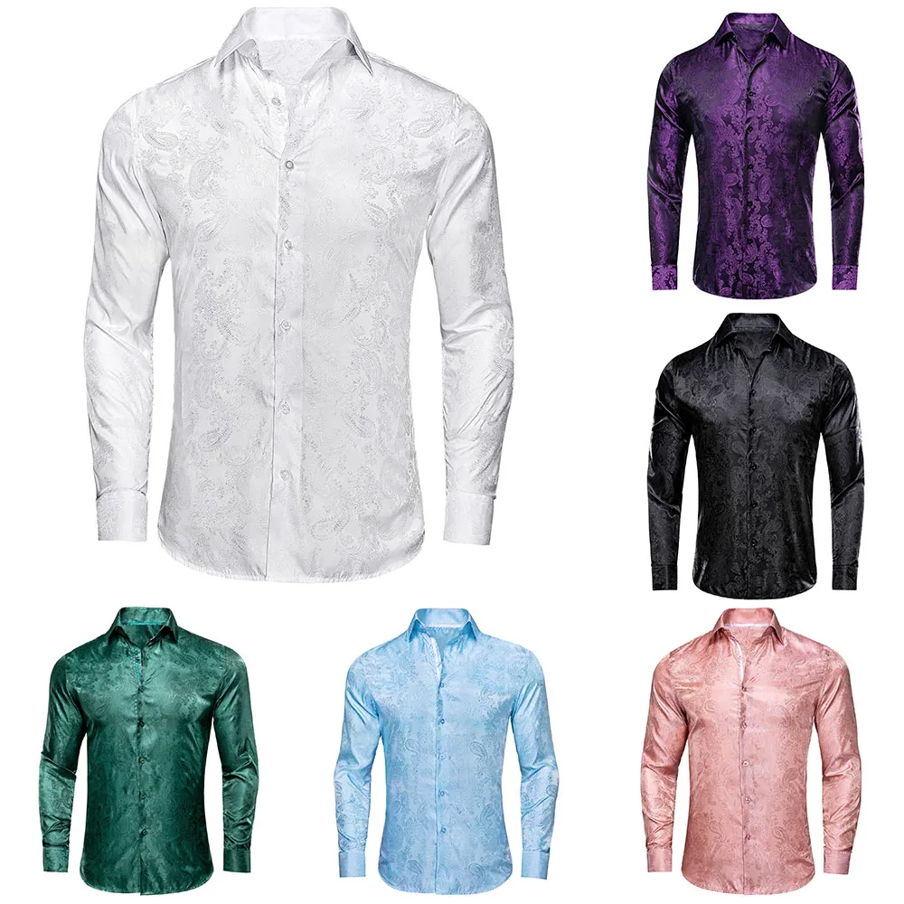 Hi-Tie Spring Autumn Mens Silk Shirt Paisley Long Sleeve Lapel Shirt for Men Business Wedding White Pink Blue Green Purple Black